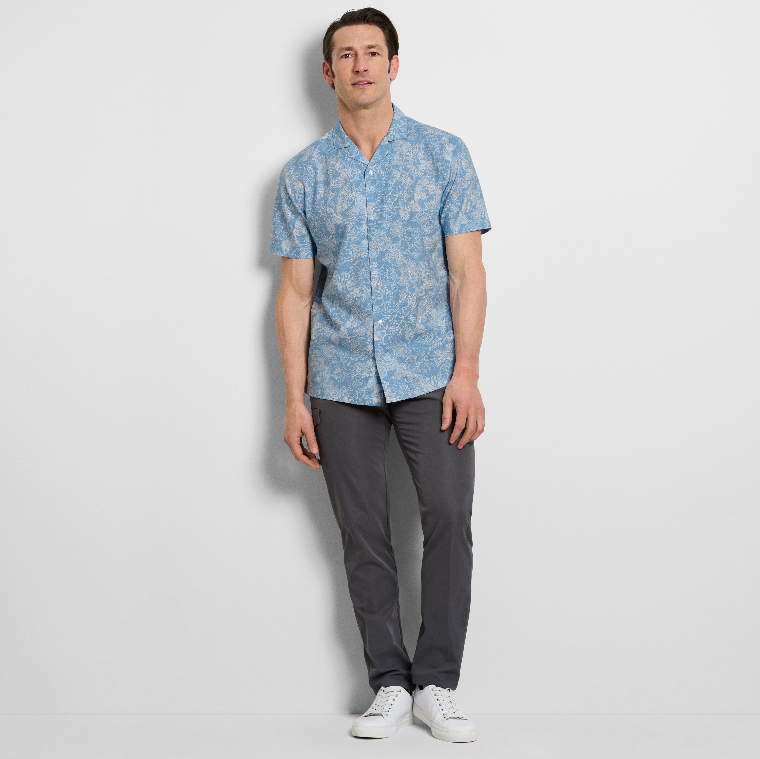 Hibiscus Print Texture Camp Shirt - Bel Air Blue