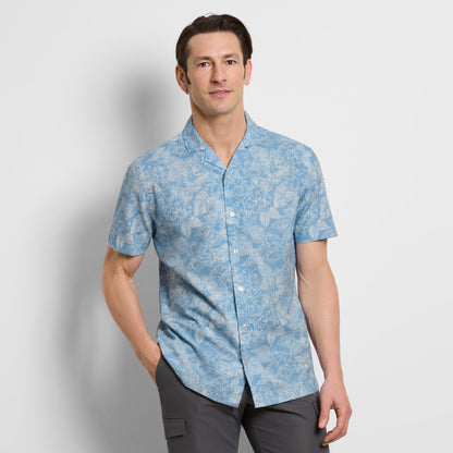 Hibiscus Print Texture Camp Shirt - Bel Air Blue