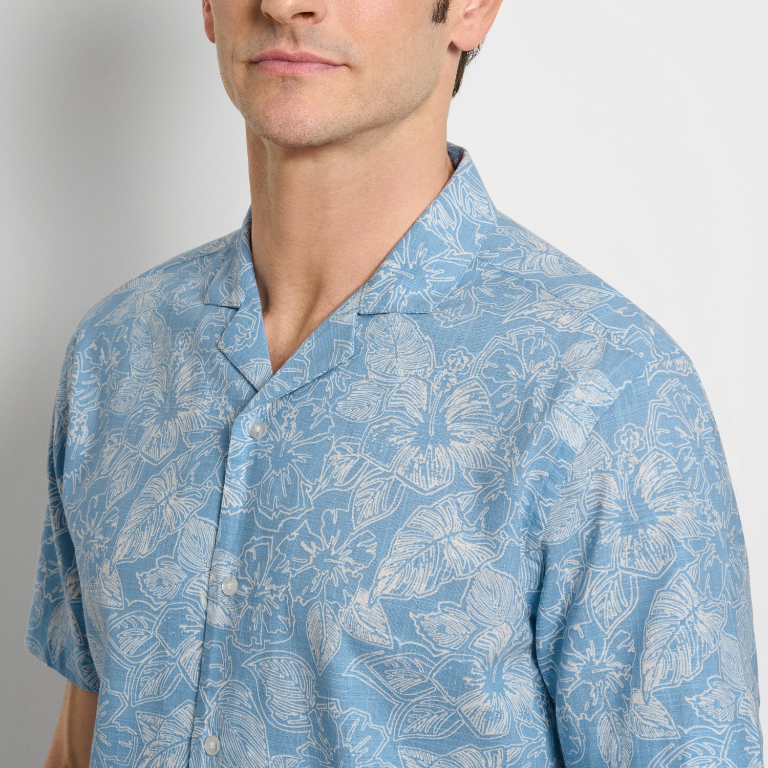 Hibiscus Print Texture Camp Shirt - Bel Air Blue