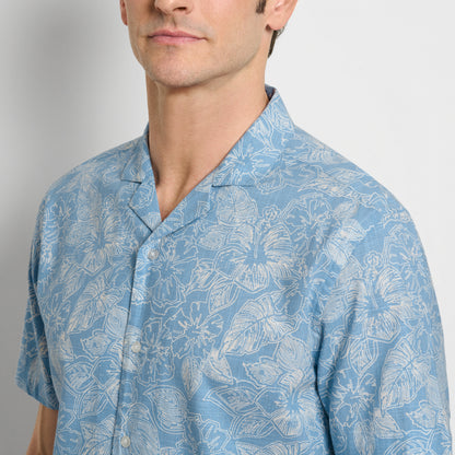 Hibiscus Print Texture Camp Shirt - Bel Air Blue