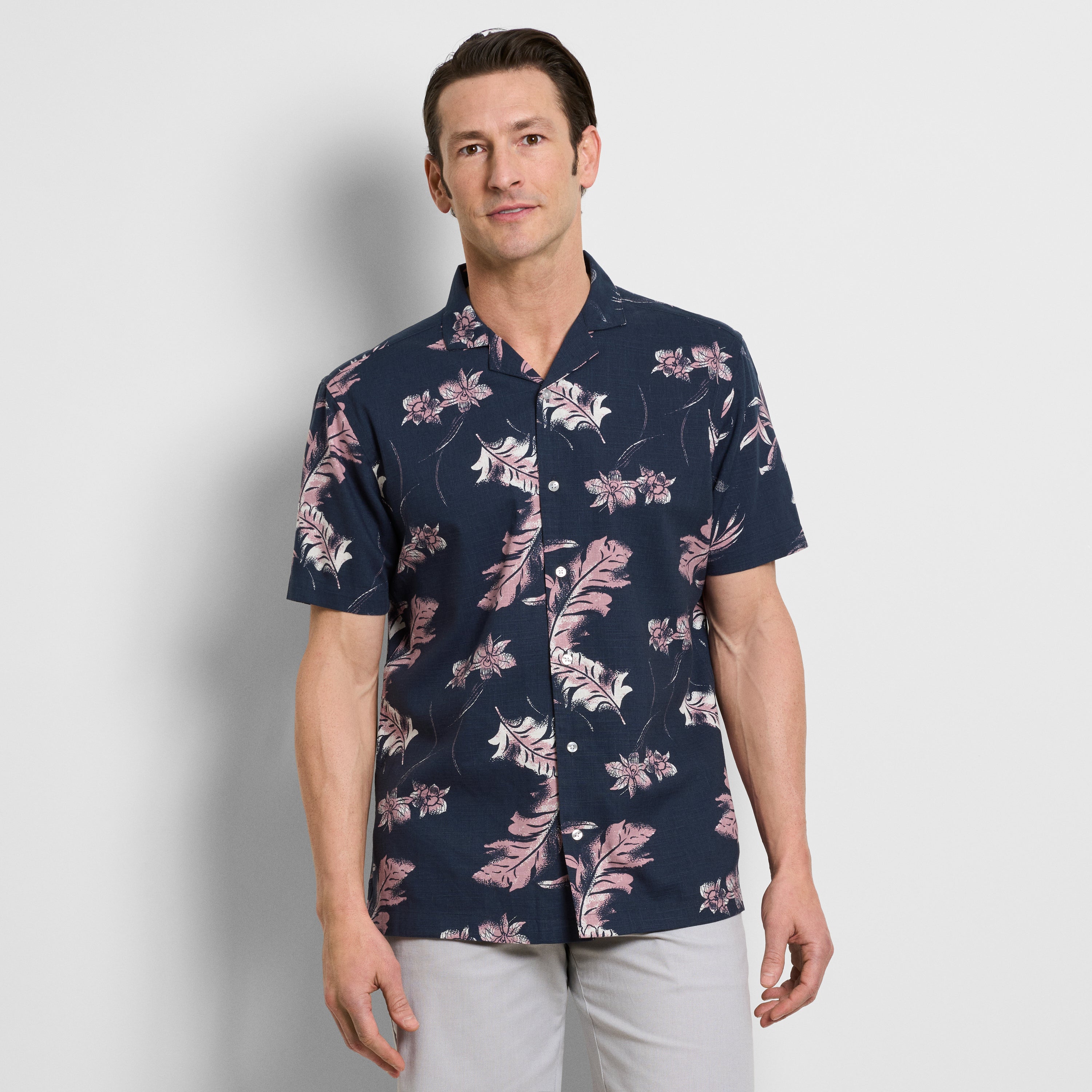 Orchid Print Texture Camp Shirt - Navy