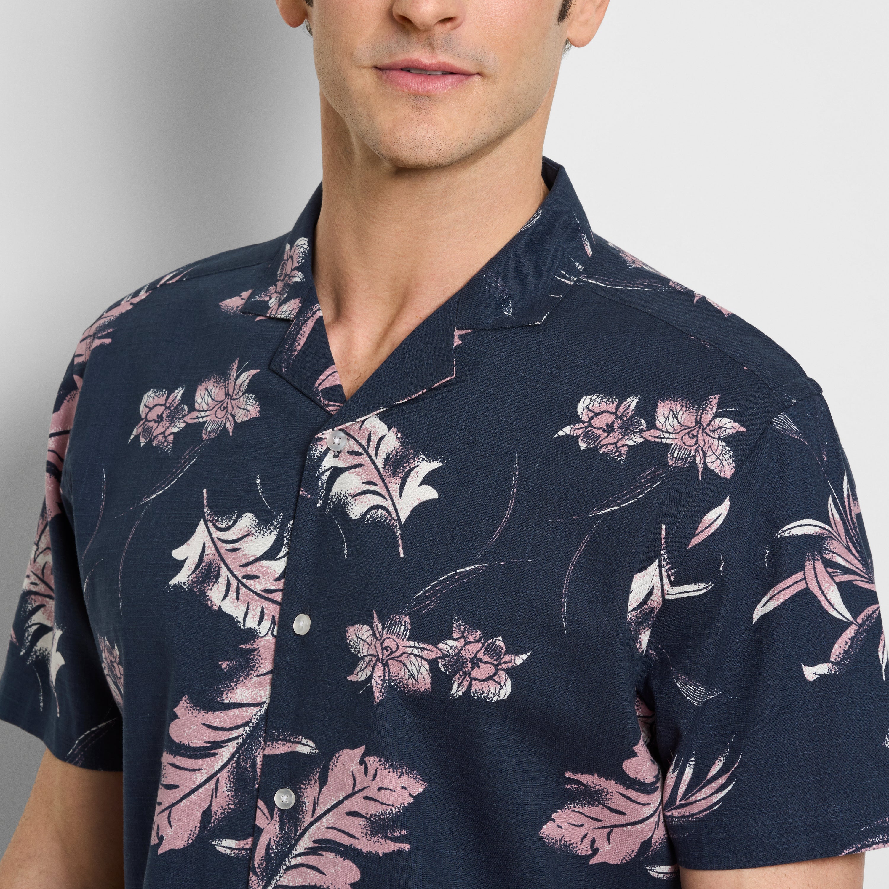 Orchid Print Texture Camp Shirt - Navy