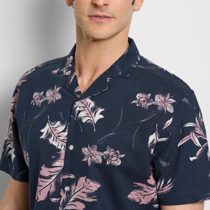 Orchid Print Texture Camp Shirt - Navy