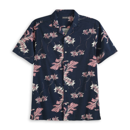 Orchid Print Texture Camp Shirt - Navy