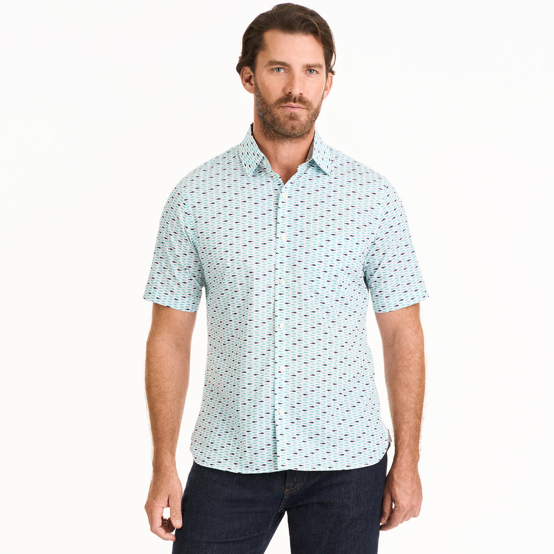 Essential Stain Shield Short Sleeve Shirt Shark School Print - Slim Fit