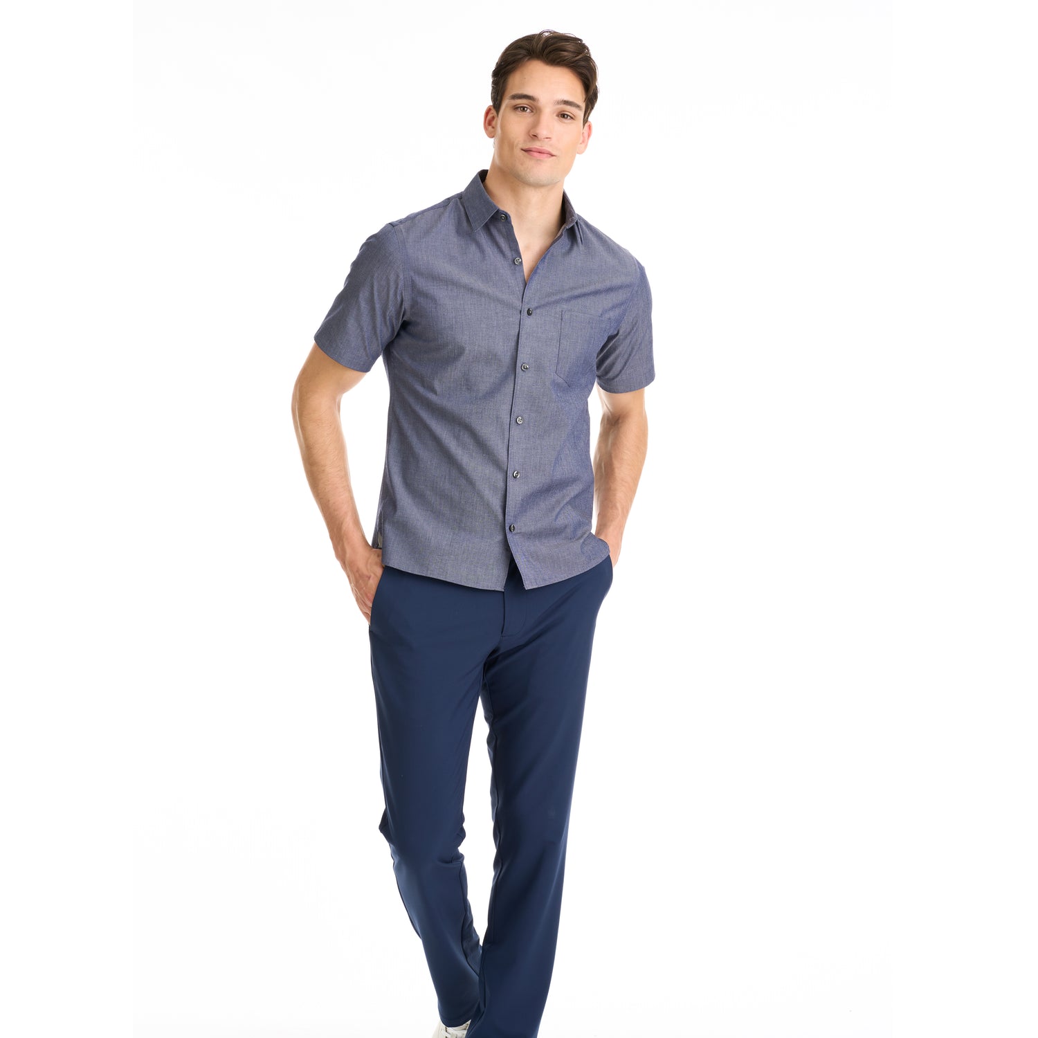 Essential Stain Shield Twill Chambray Short Sleeve Shirt - Slim Fit